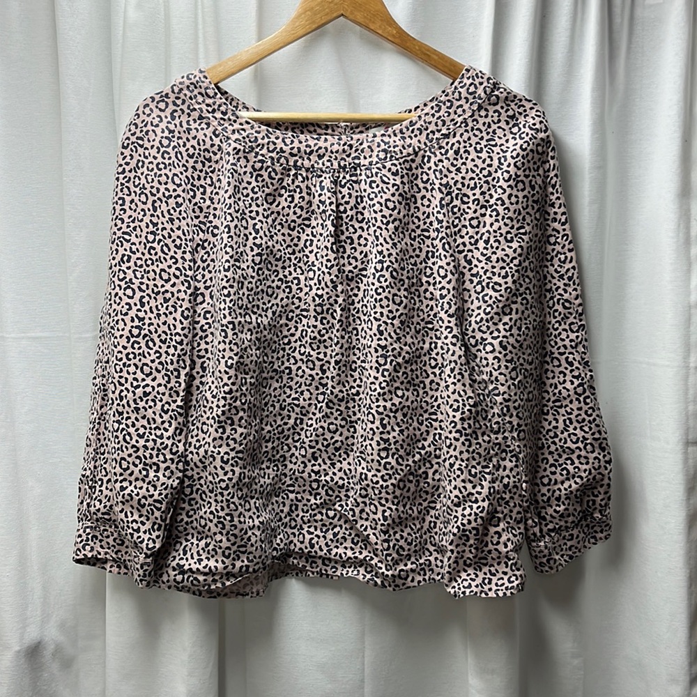 Boden Pink Navy Animal Print Button Linen Blouse- 8